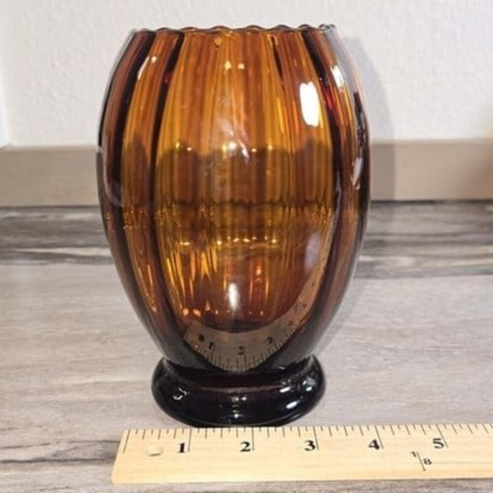 Vintage Italian Art Glass Vase Amber Brown Ribbed Scalloped Rim Made in Italy... - Picture 8 of 8